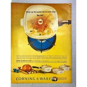 Corning Ware "Hottest Hot, Coldest Cold can't hurt, almost washes itself"Ad 1963